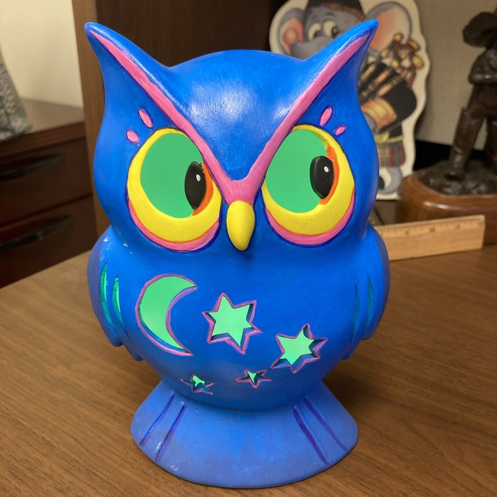 Color Changing Ceramic Owl LED Night Light Moon Stars Luminary 8"